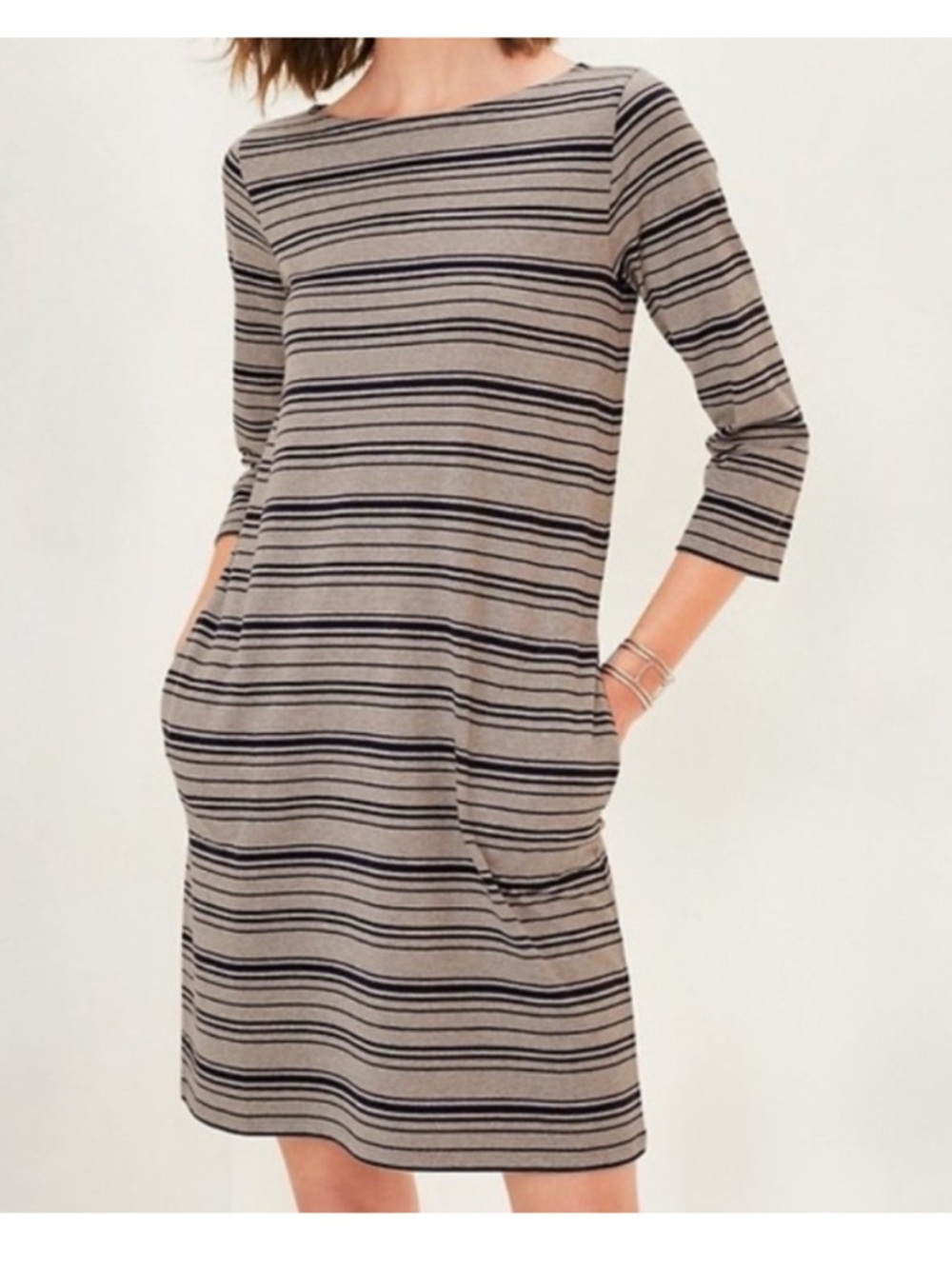 Garnet Hill Organic Pima Cotton Stripped 3/4 Length Sleeve Dress